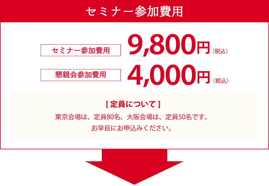 セミナー参加費用：9,800円、懇親会参加費用：4,000円※定員について:東京会場は、定員80名、大阪会場は、定員50名です。お早目にお申込みください。